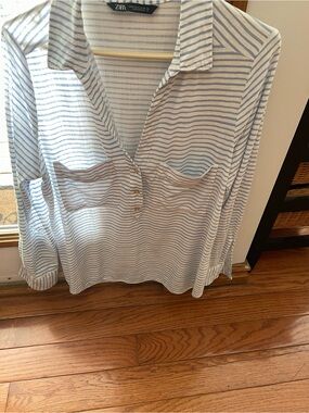 Zara Blue and White Striped Button-Popover Shirt